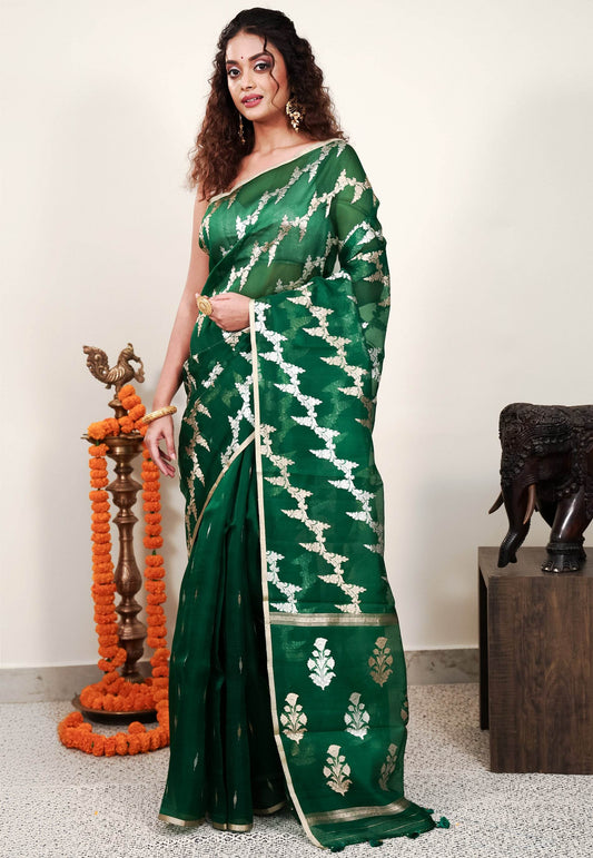 Bottle Green Kora Pure Silk Saree With Blouse Piece - Adi Akshoy & Co.