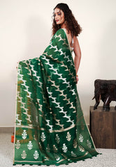 Bottle Green Kora Pure Silk Saree With Blouse Piece - Adi Akshoy & Co.