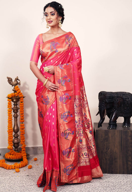 Cross Rani Pink with Red Border Paithani Pure Silk Saree With Blouse Piece - Adi Akshoy & Co.