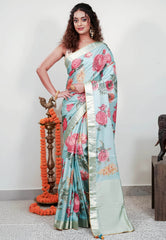 Sky Blue Designer Saree With Blouse Piece - Adi Akshoy & Co.