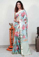Sky Blue Designer Saree With Blouse Piece - Adi Akshoy & Co.