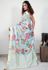 Sky Blue Designer Saree With Blouse Piece - Adi Akshoy & Co.