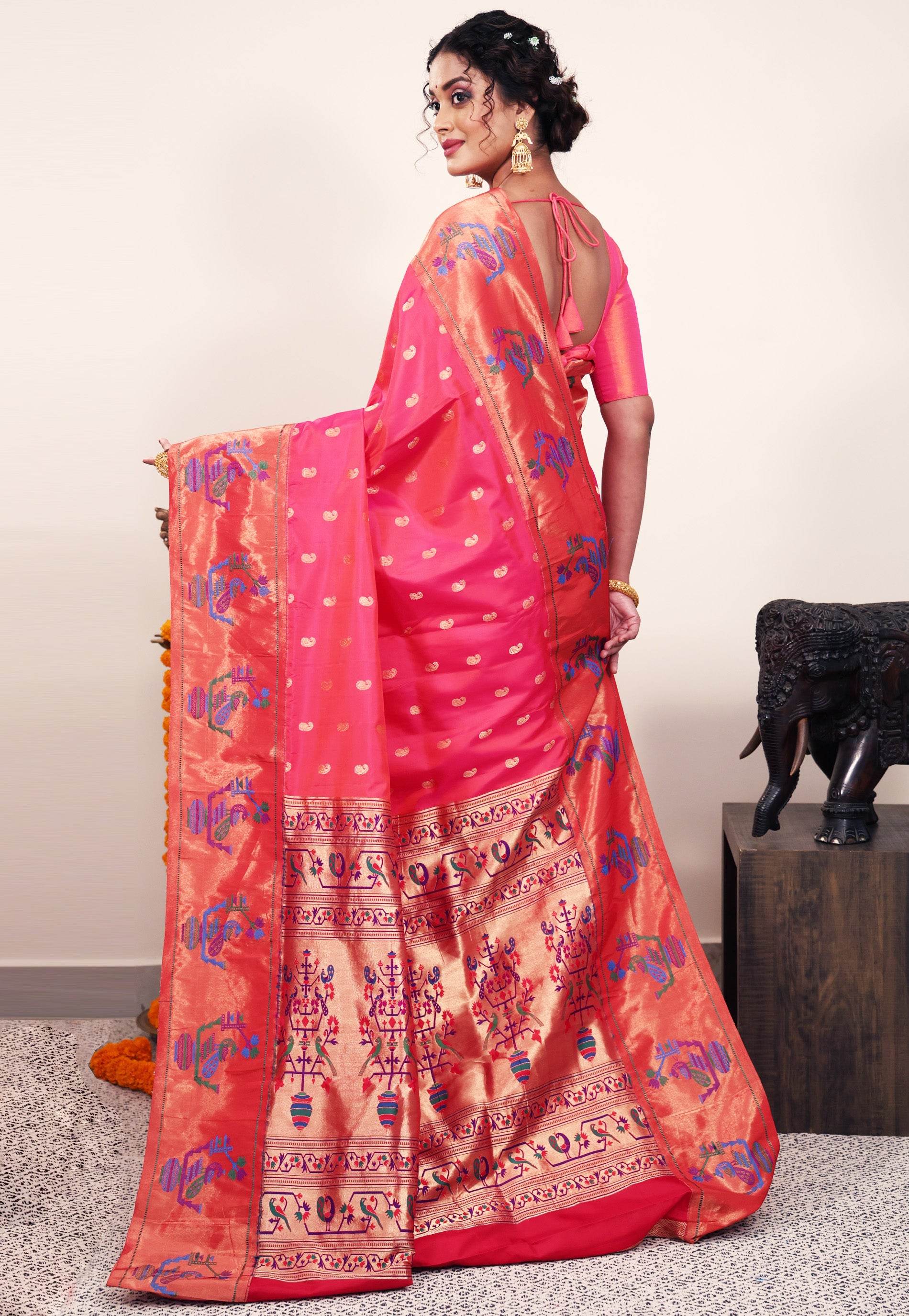 Cross Rani Pink with Red Border Paithani Pure Silk Saree With Blouse Piece - Adi Akshoy & Co.