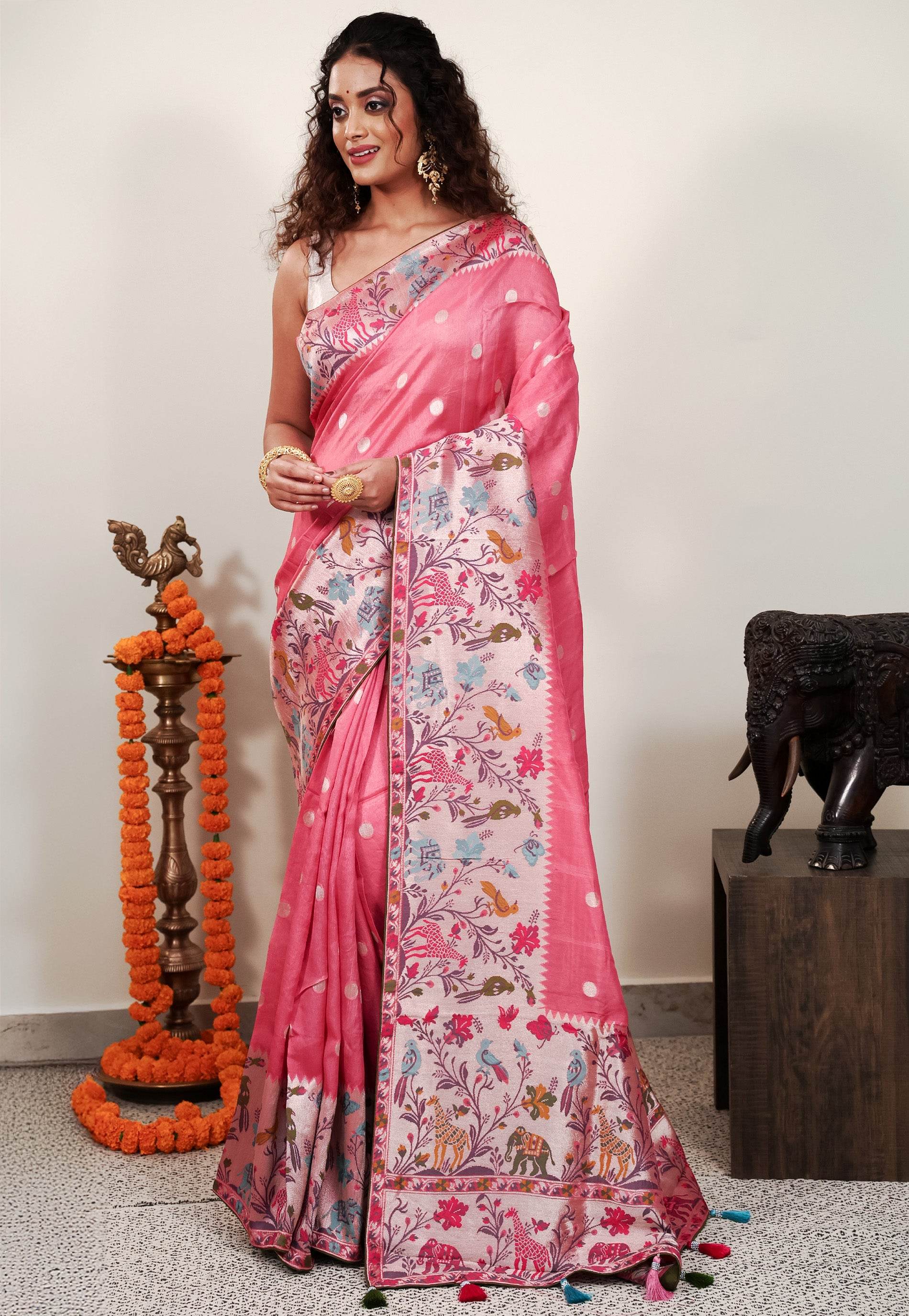 Pink Paithani Silk Saree With Blouse Piece - Adi Akshoy & Co.