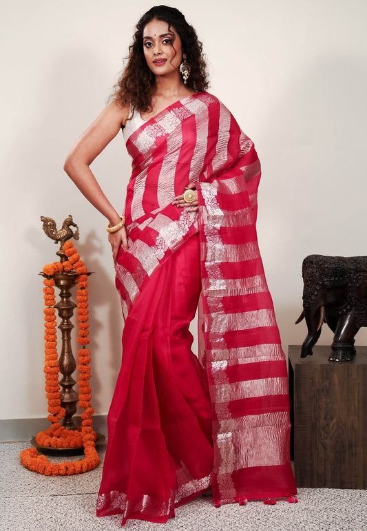 Rani Pink Kora Pure Silk Saree With Blouse Piece - Adi Akshoy & Co.