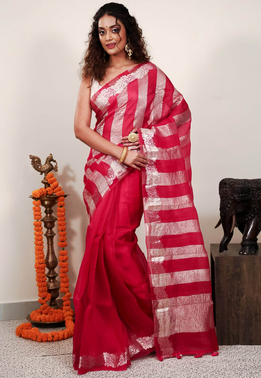Rani Pink Kora Pure Silk Saree With Blouse Piece - Adi Akshoy & Co.