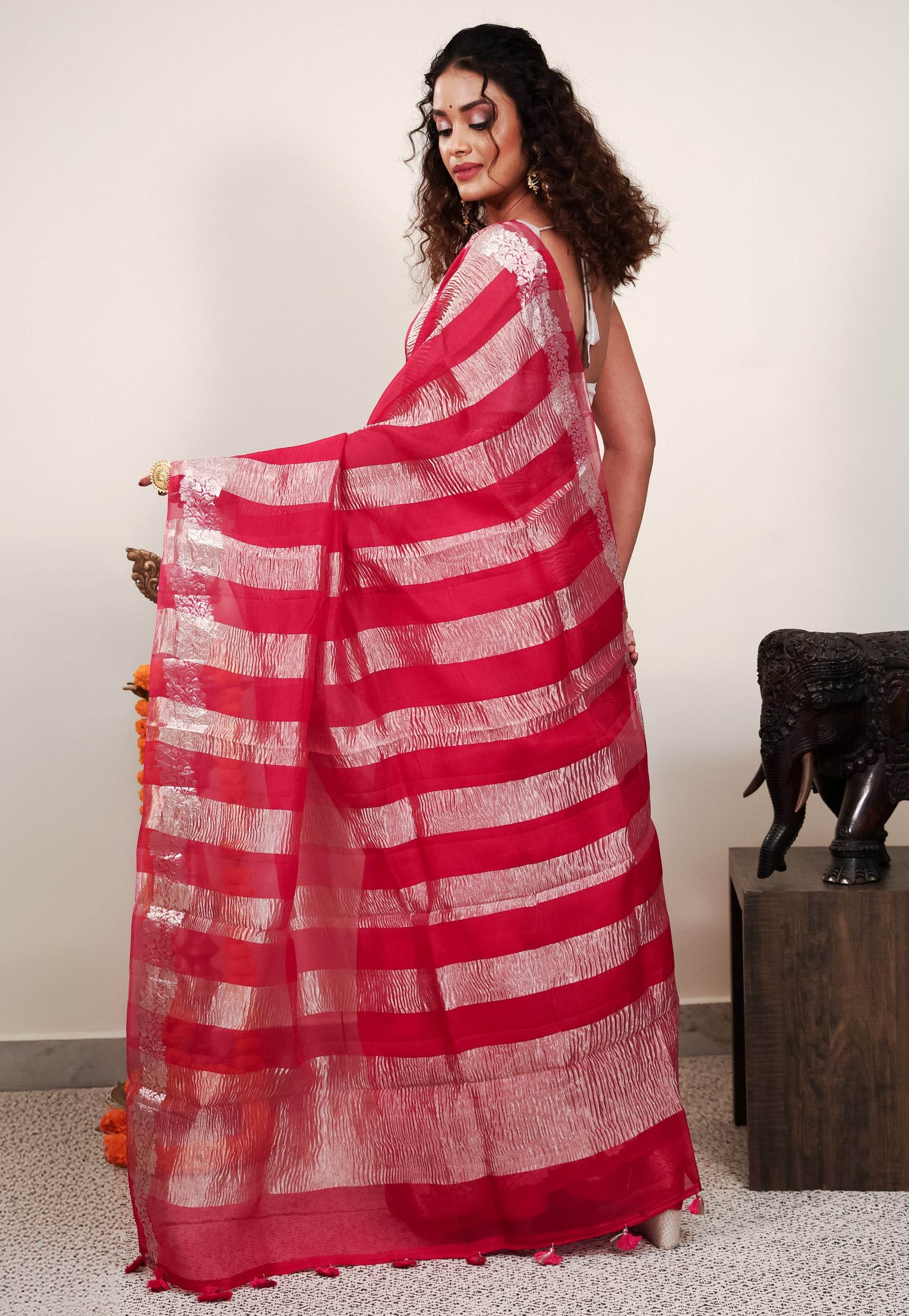 Rani Pink Kora Pure Silk Saree With Blouse Piece - Adi Akshoy & Co.