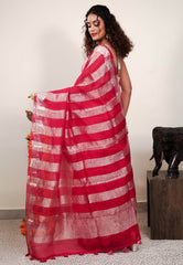 Rani Pink Kora Pure Silk Saree With Blouse Piece - Adi Akshoy & Co.