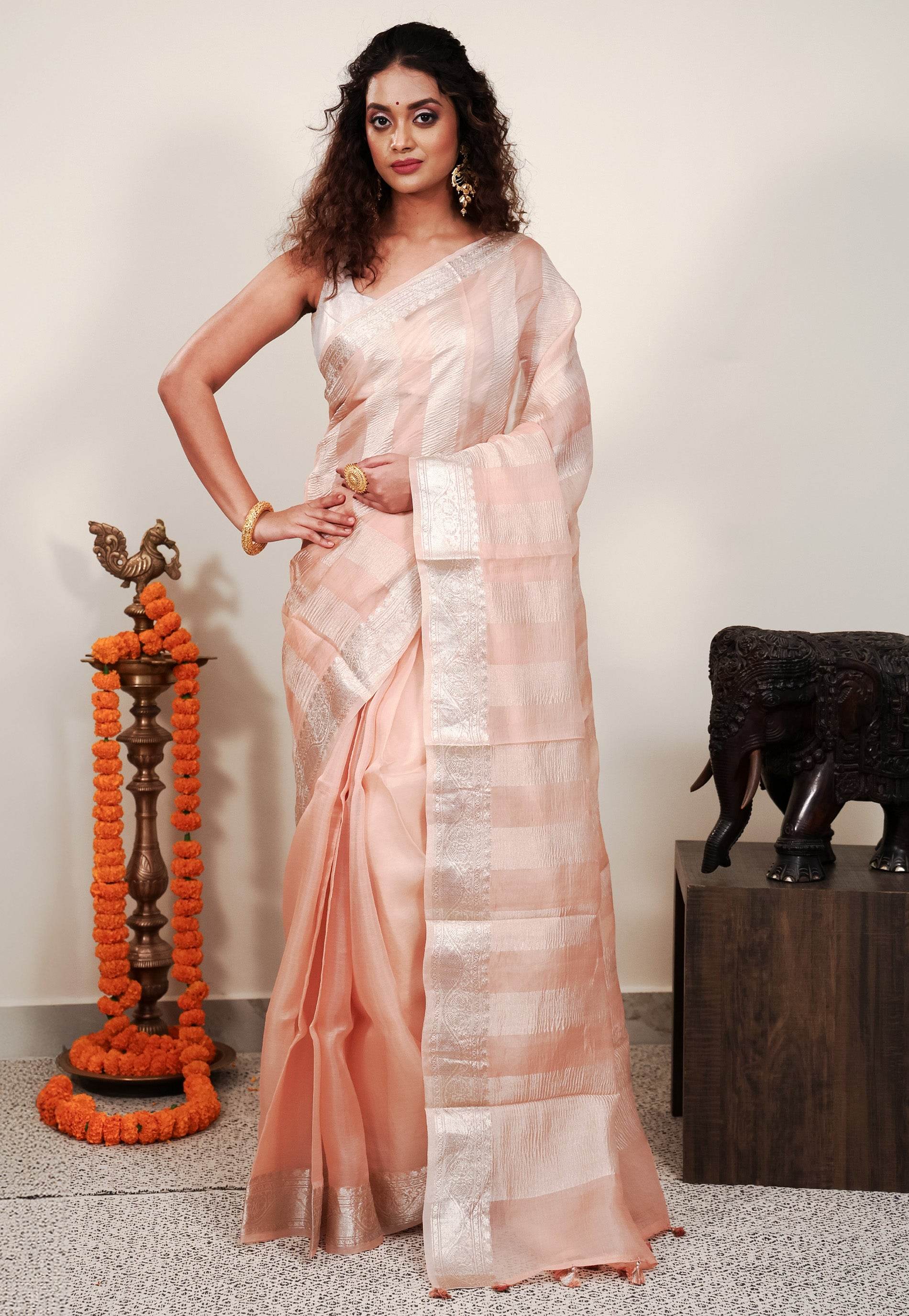 Peach Kora Pure Silk Saree With Blouse Piece - Adi Akshoy & Co.