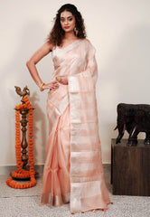 Peach Kora Pure Silk Saree With Blouse Piece - Adi Akshoy & Co.