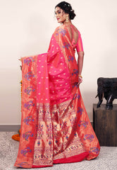 Cross Rani Pink with Red Border Paithani Pure Silk Saree With Blouse Piece - Adi Akshoy & Co.
