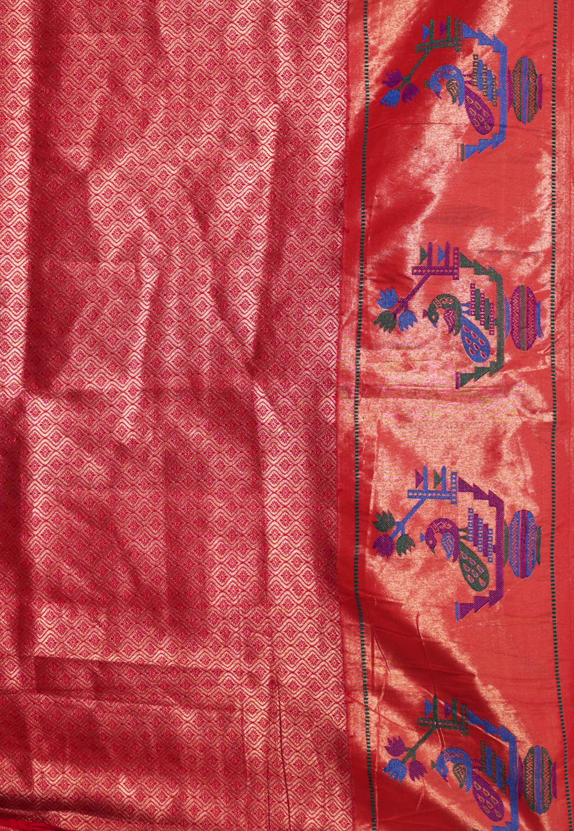 Cross Rani Pink with Red Border Paithani Pure Silk Saree With Blouse Piece - Adi Akshoy & Co.