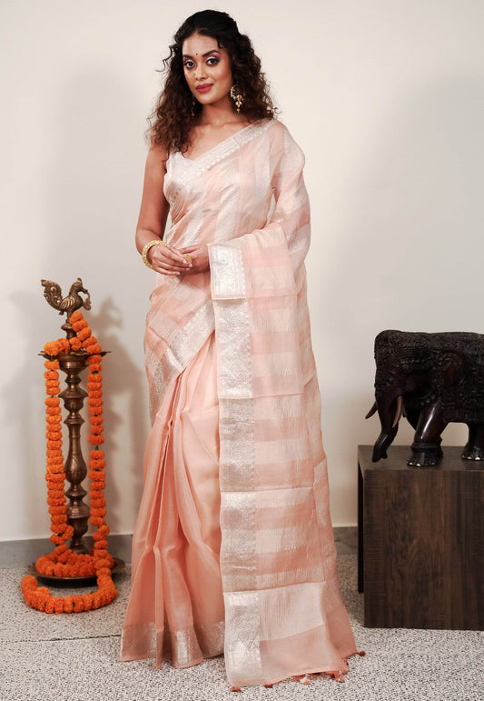 Peach Kora Pure Silk Saree With Blouse Piece - Adi Akshoy & Co.