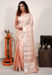 Peach Kora Pure Silk Saree With Blouse Piece - Adi Akshoy & Co.