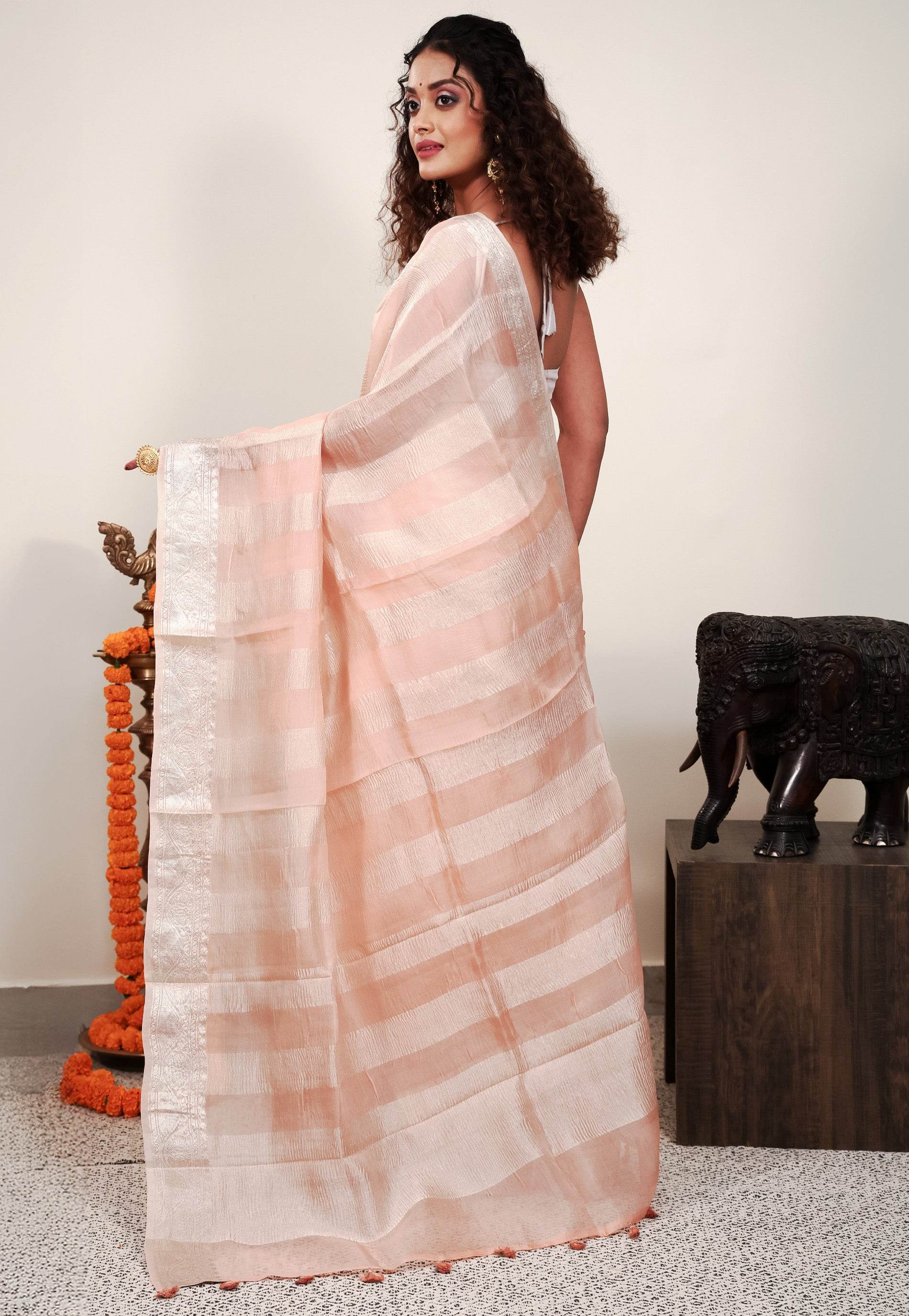 Peach Kora Pure Silk Saree With Blouse Piece - Adi Akshoy & Co.