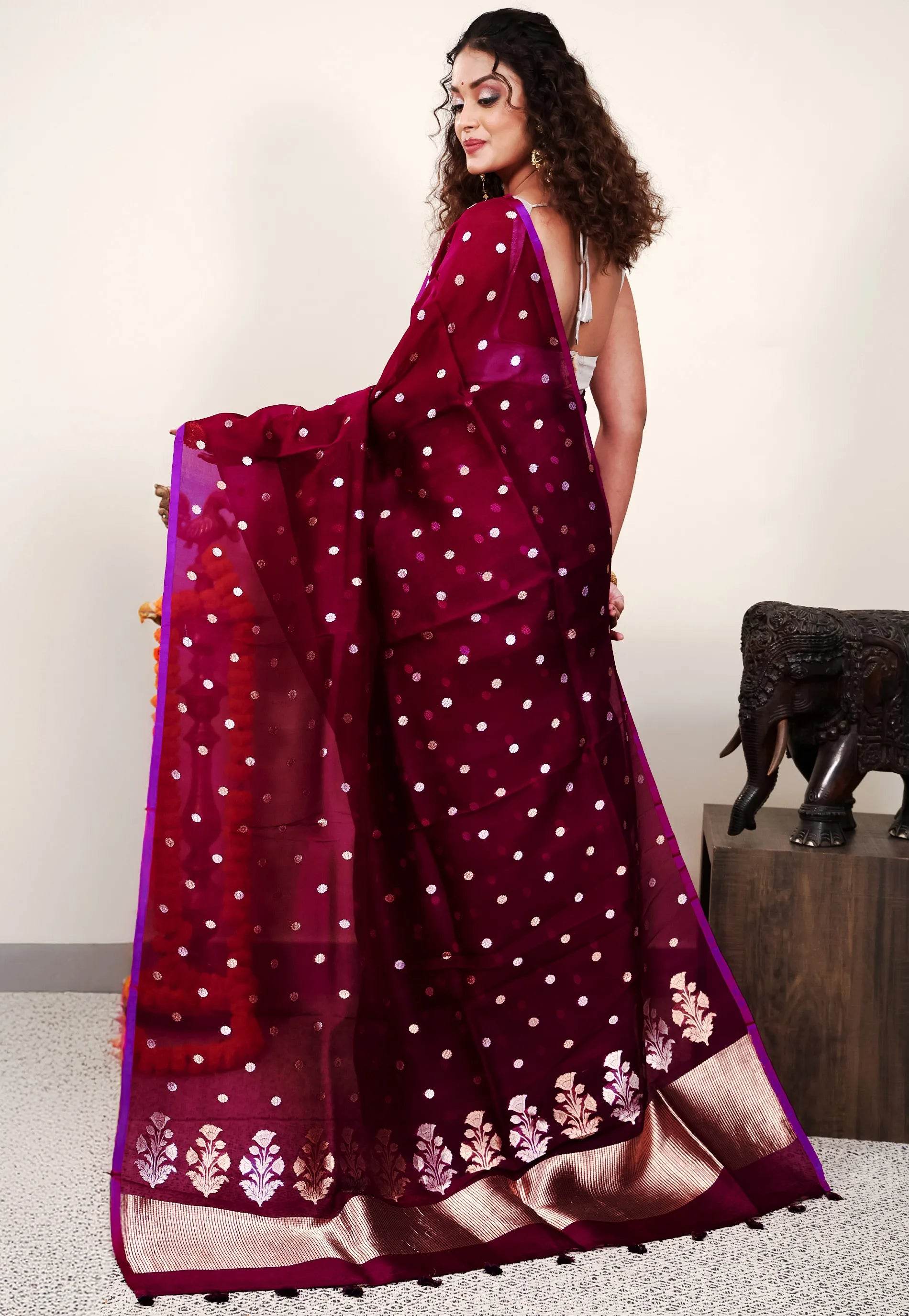 Purple Kora Pure Silk Saree With Blouse Piece - Adi Akshoy & Co.