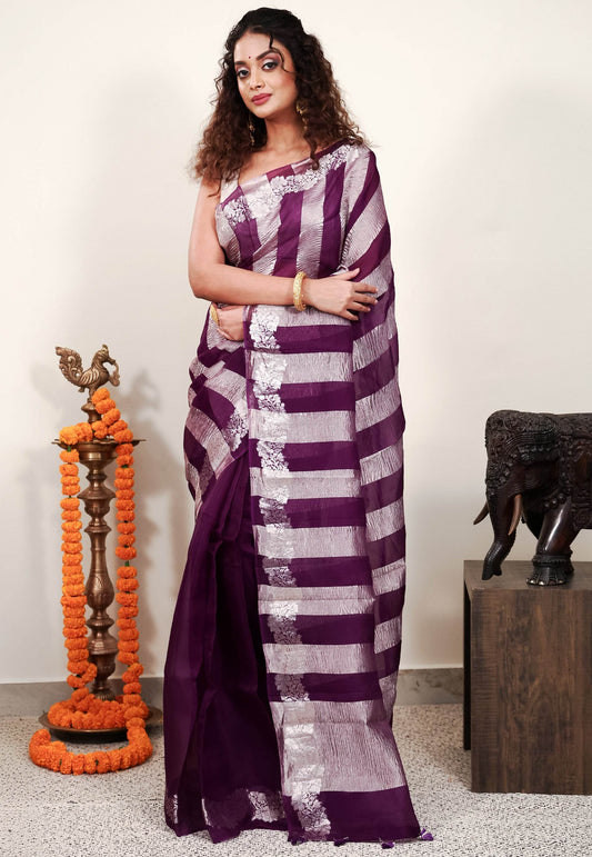 Purple Kora Pure Silk Saree With Blouse Piece - Adi Akshoy & Co.