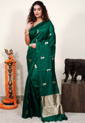 Bottle Green Katan Pure Silk Saree With Blouse Piece - Adi Akshoy & Co.