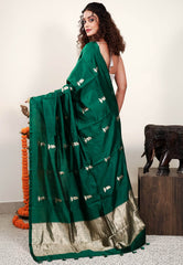 Bottle Green Katan Pure Silk Saree With Blouse Piece - Adi Akshoy & Co.