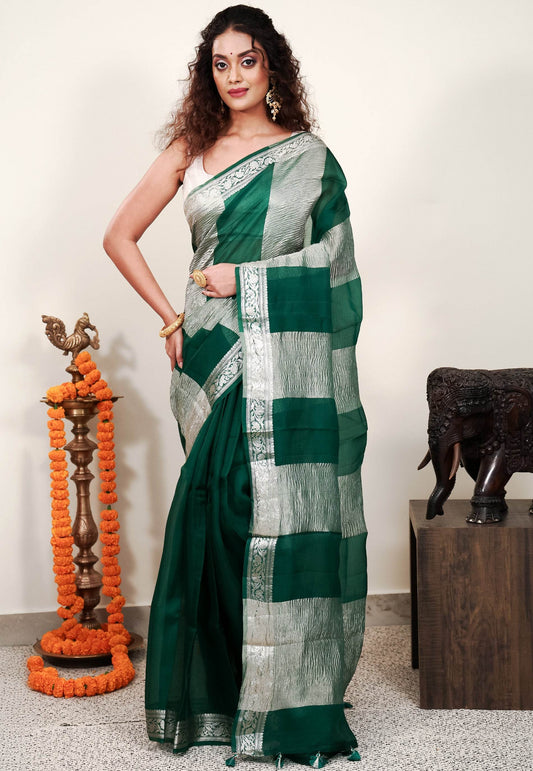 Bottle Green Kora Pure Silk Saree With Blouse Piece - Adi Akshoy & Co.