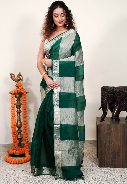 Bottle Green Kora Pure Silk Saree With Blouse Piece - Adi Akshoy & Co.