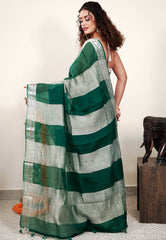 Bottle Green Kora Pure Silk Saree With Blouse Piece - Adi Akshoy & Co.