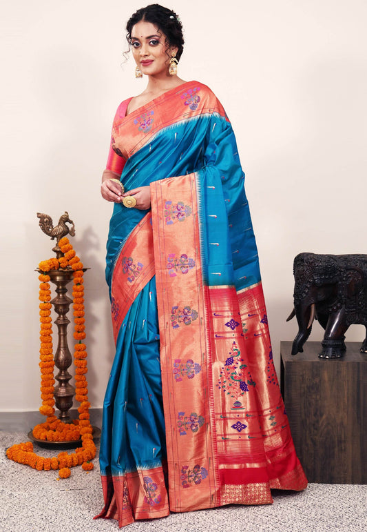 Cross Feroza Blue with Red Border Paithani Pure Silk Saree With Blouse Piece - Adi Akshoy & Co.