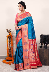 Cross Feroza Blue with Red Border Paithani Pure Silk Saree With Blouse Piece - Adi Akshoy & Co.