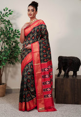 Black Patola with Red Border Ikkat Pure Silk Saree With Blouse Piece - Adi Akshoy & Co.