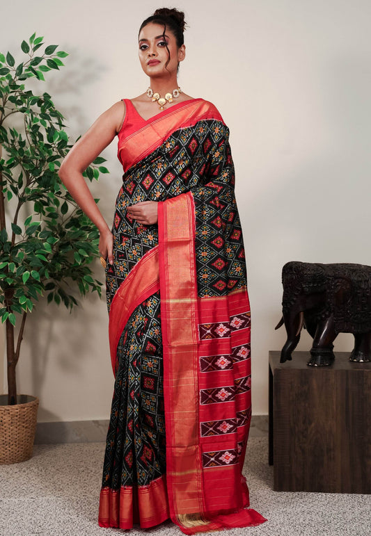 Black Patola with Red Border Ikkat Pure Silk Saree With Blouse Piece - Adi Akshoy & Co.