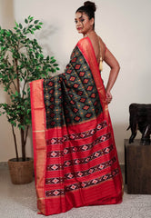 Black Patola with Red Border Ikkat Pure Silk Saree With Blouse Piece - Adi Akshoy & Co.