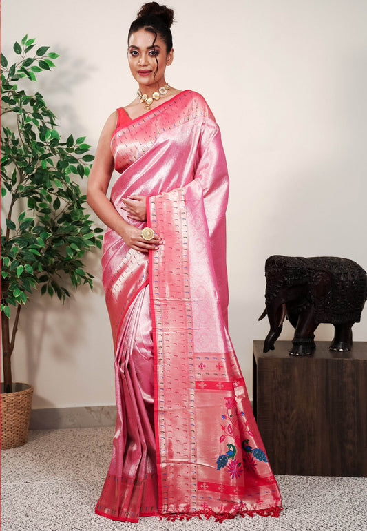 Pink Paithani Silk Saree With Blouse Piece - Adi Akshoy & Co.