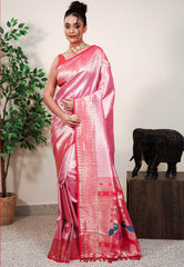 Pink Paithani Silk Saree With Blouse Piece - Adi Akshoy & Co.