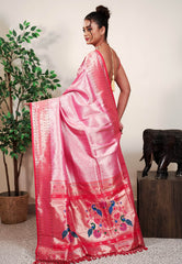 Pink Paithani Silk Saree With Blouse Piece - Adi Akshoy & Co.