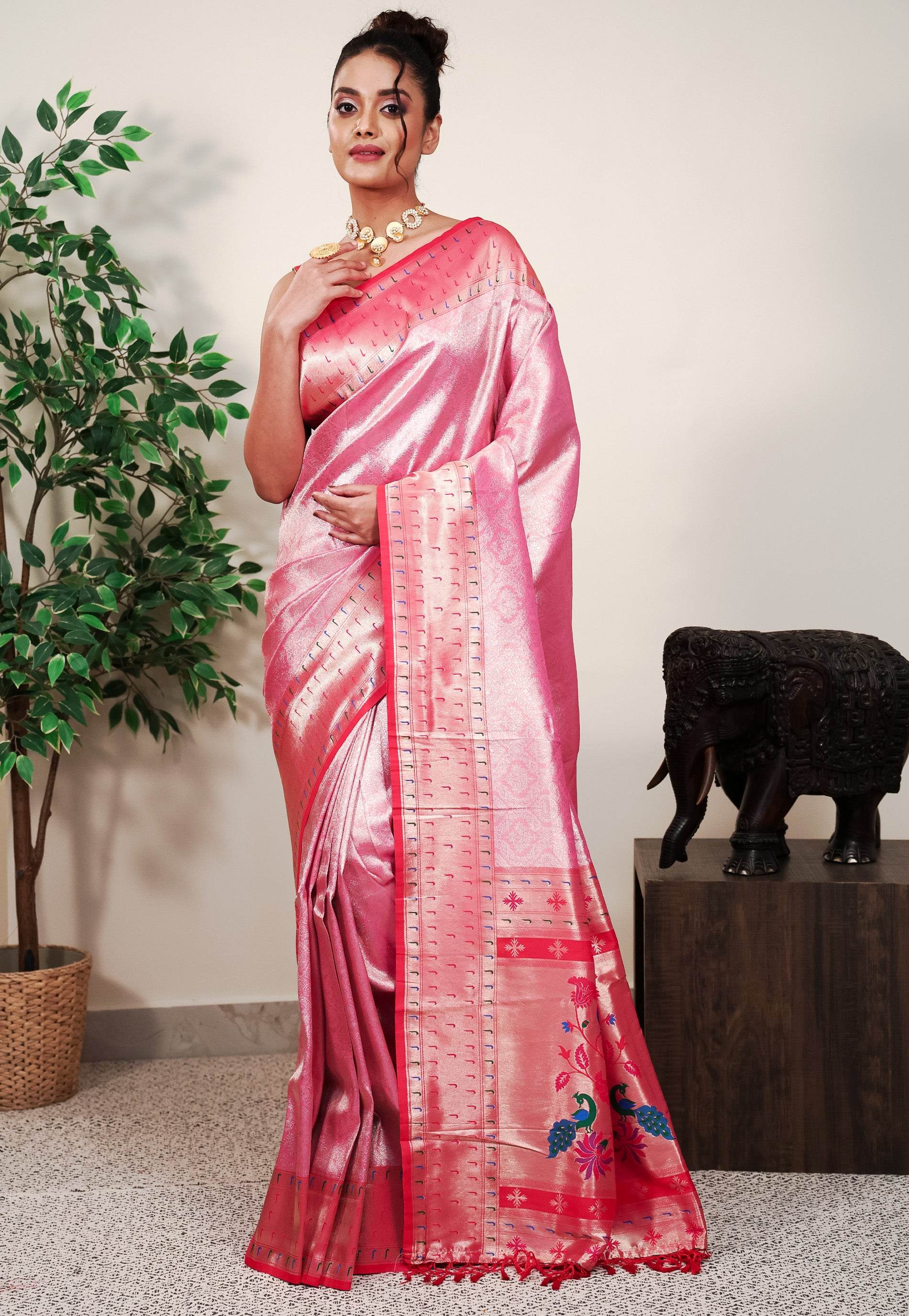 Pink Paithani Silk Saree With Blouse Piece - Adi Akshoy & Co.