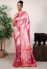 Pink Paithani Silk Saree With Blouse Piece - Adi Akshoy & Co.