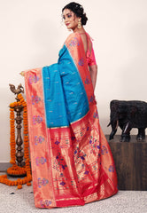 Cross Feroza Blue with Red Border Paithani Pure Silk Saree With Blouse Piece - Adi Akshoy & Co.