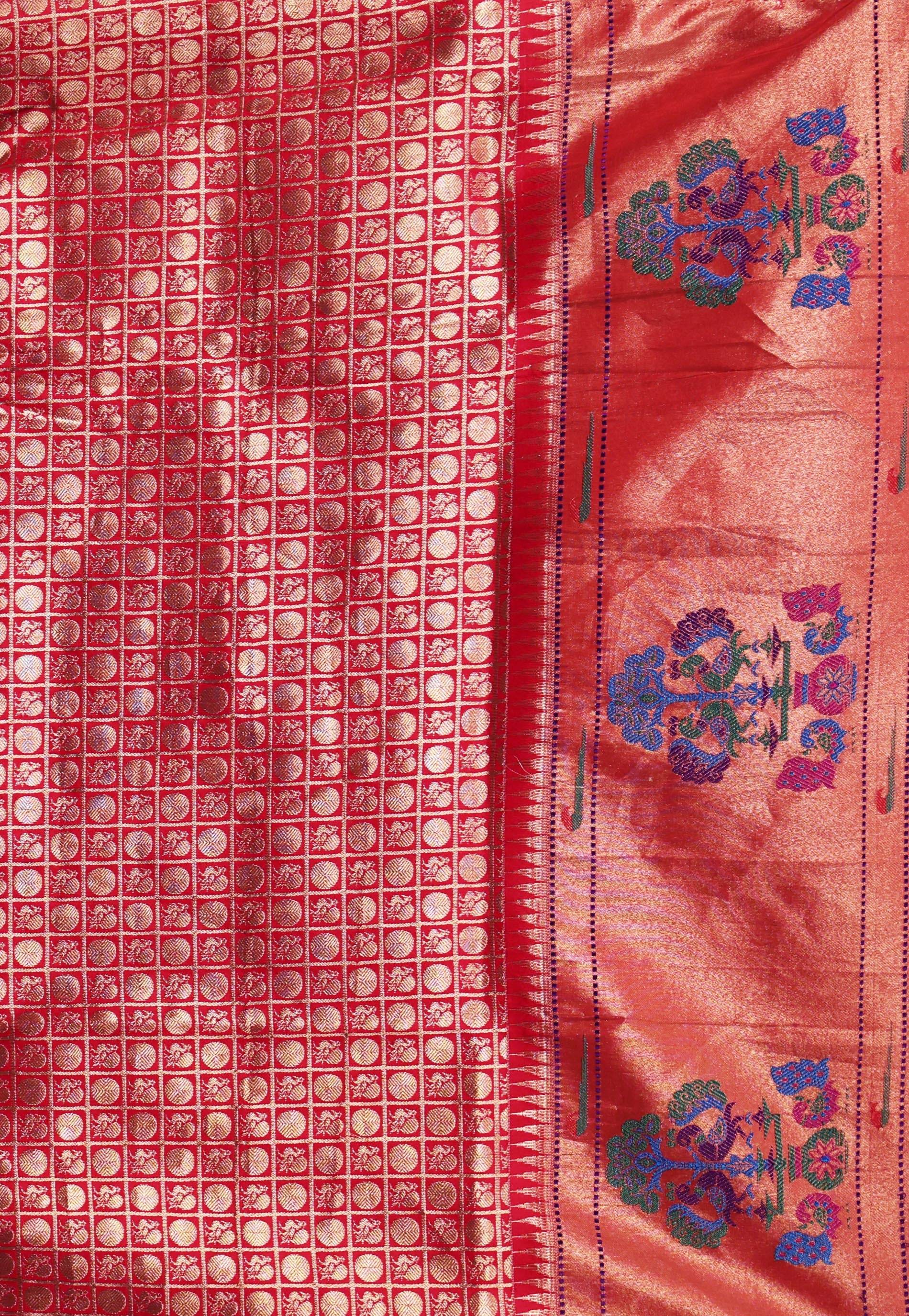 Cross Feroza Blue with Red Border Paithani Pure Silk Saree With Blouse Piece - Adi Akshoy & Co.