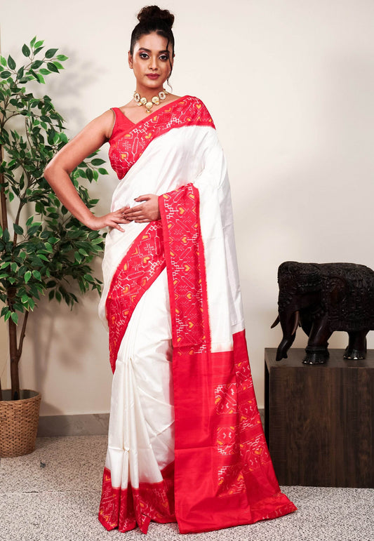Off White with Red Border Ikkat Pure Silk Saree With Blouse Piece - Adi Akshoy & Co.