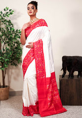 Off White with Red Border Ikkat Pure Silk Saree With Blouse Piece - Adi Akshoy & Co.