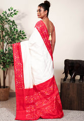 Off White with Red Border Ikkat Pure Silk Saree With Blouse Piece - Adi Akshoy & Co.