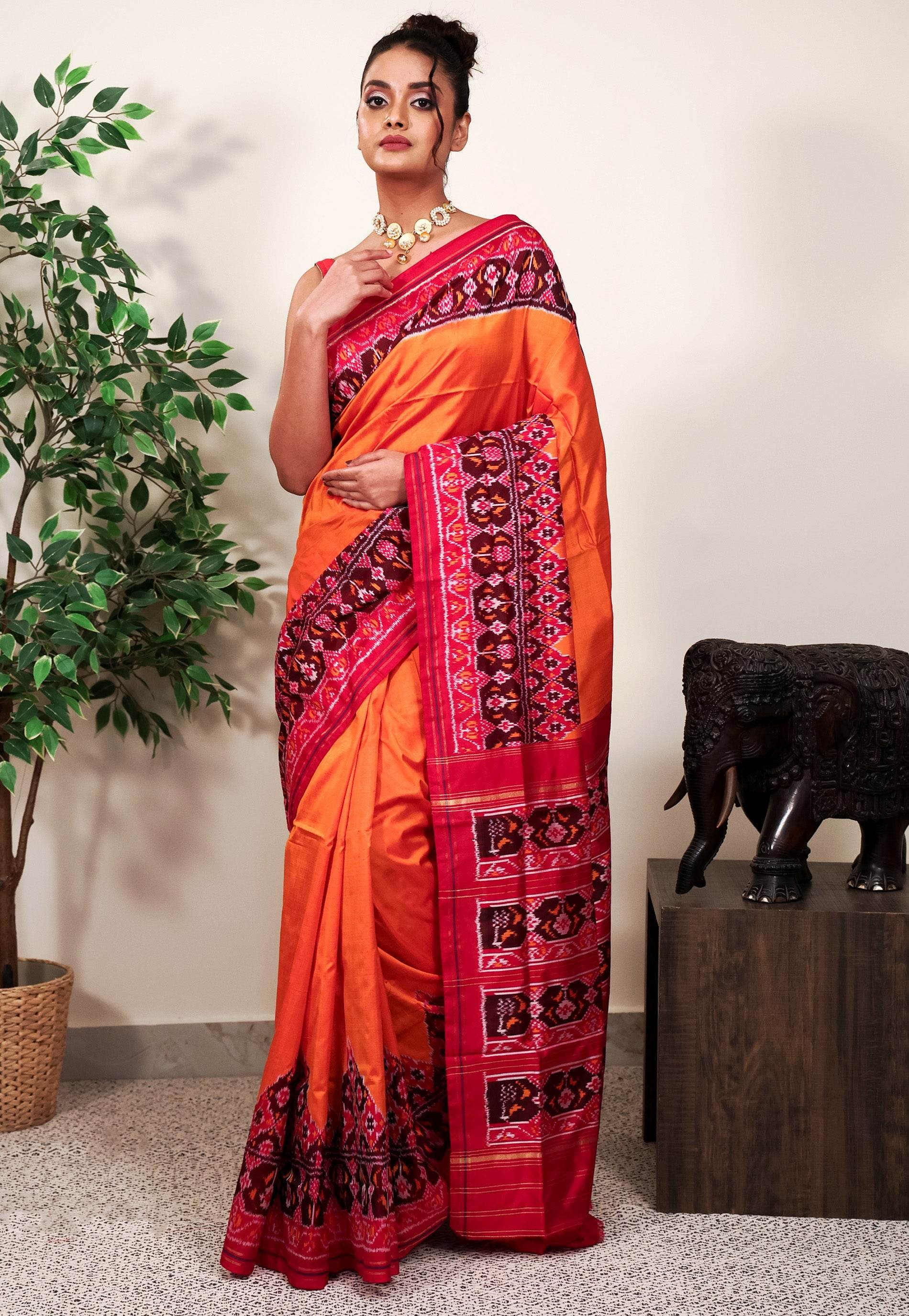 Orange with Red Border Ikkat Pure Silk Saree With Blouse Piece - Adi Akshoy & Co.