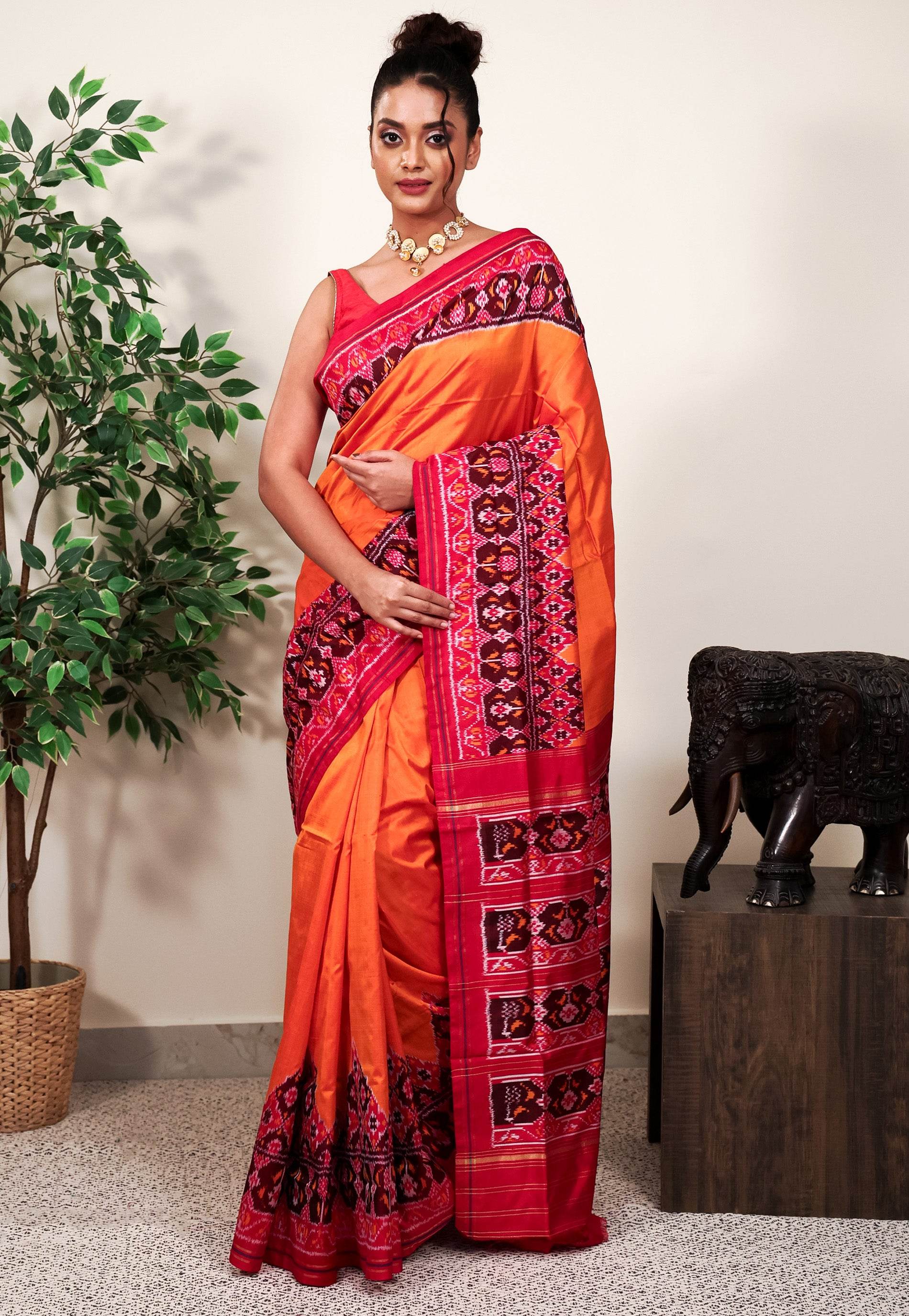 Orange with Red Border Ikkat Pure Silk Saree With Blouse Piece - Adi Akshoy & Co.