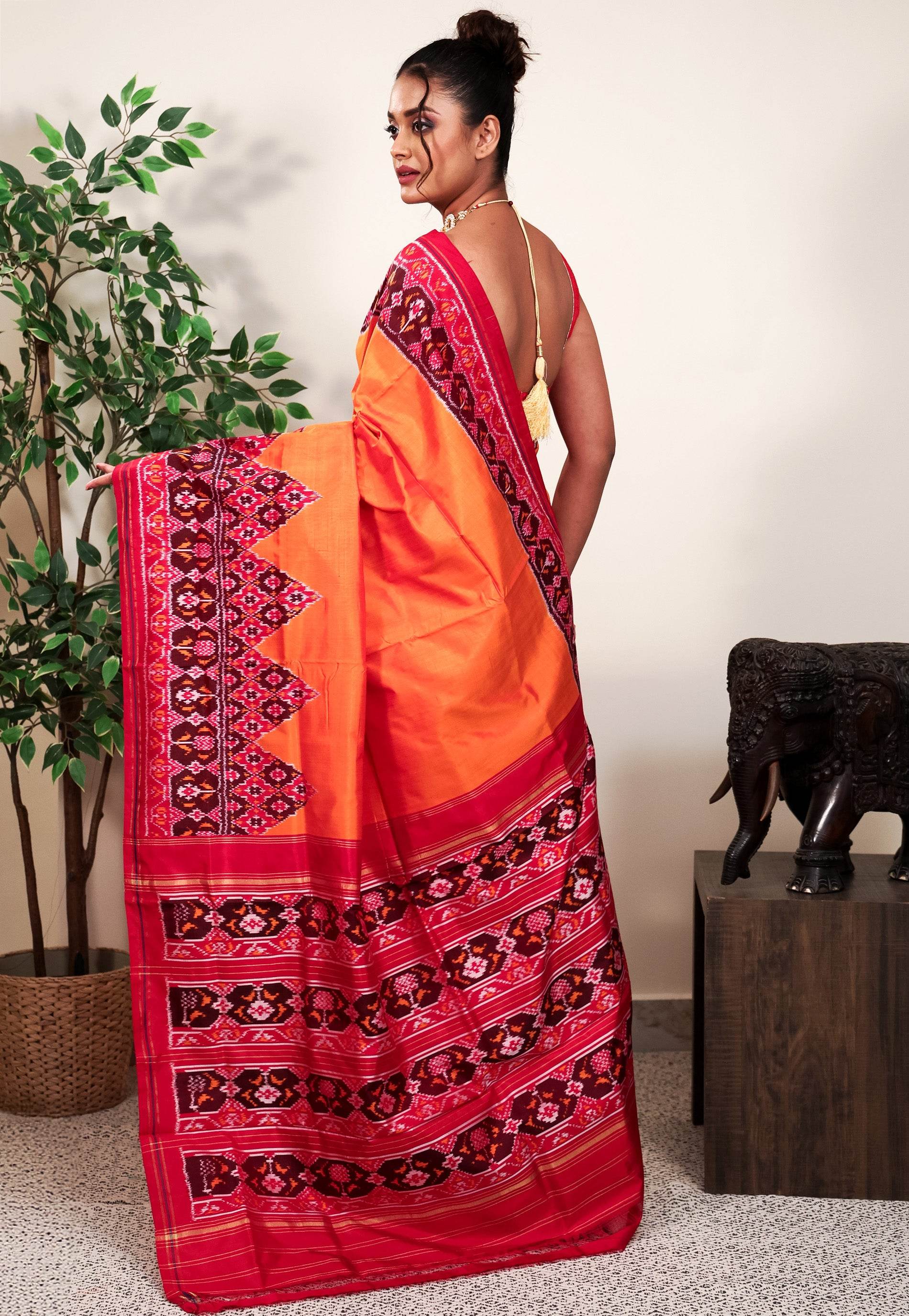 Orange with Red Border Ikkat Pure Silk Saree With Blouse Piece - Adi Akshoy & Co.