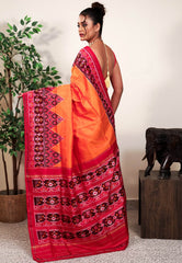 Orange with Red Border Ikkat Pure Silk Saree With Blouse Piece - Adi Akshoy & Co.