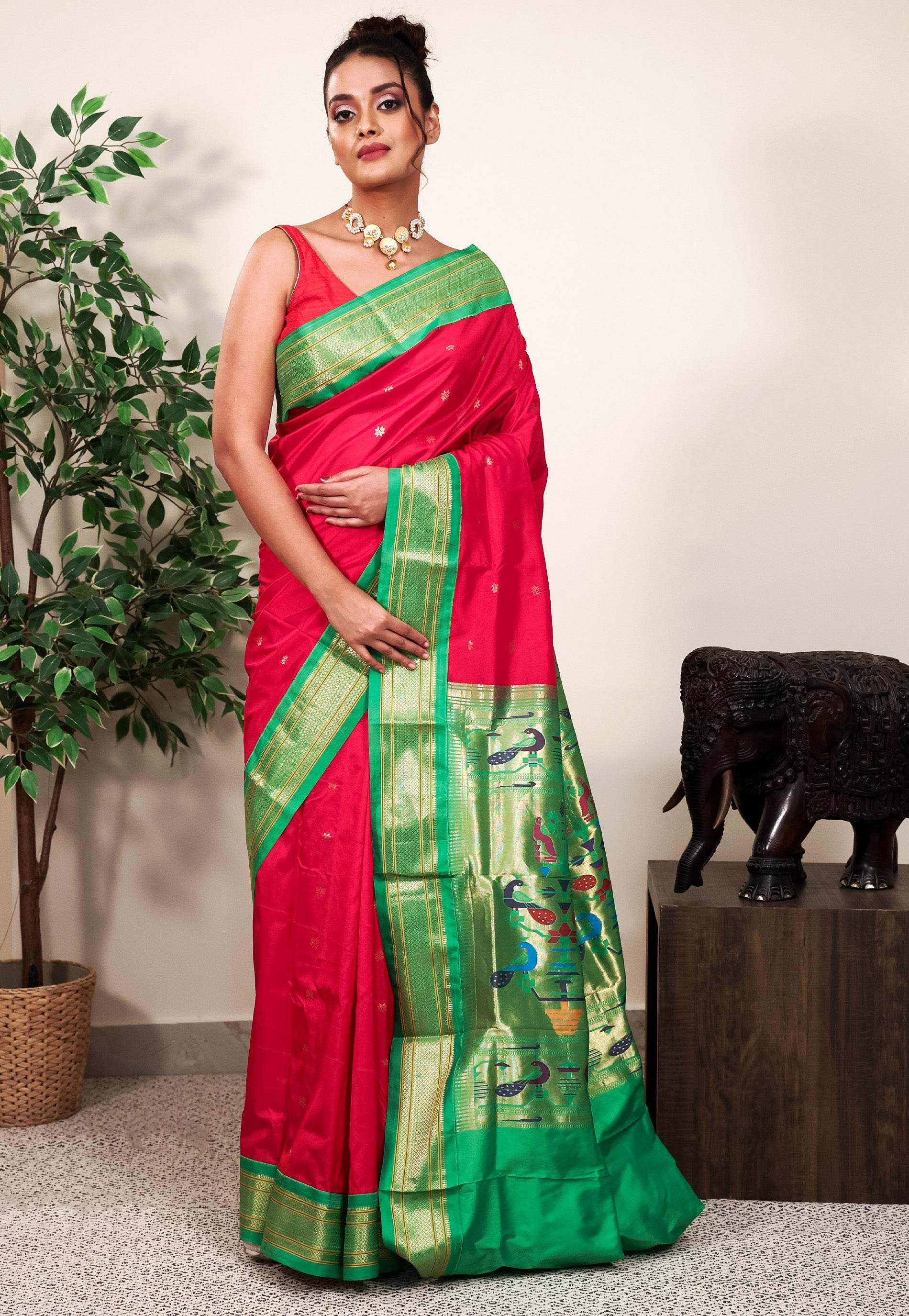 Rani Pink with Parrot Green Border Paithani Pure Silk Saree With Blouse Piece - Adi Akshoy & Co.