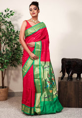 Rani Pink with Parrot Green Border Paithani Pure Silk Saree With Blouse Piece - Adi Akshoy & Co.