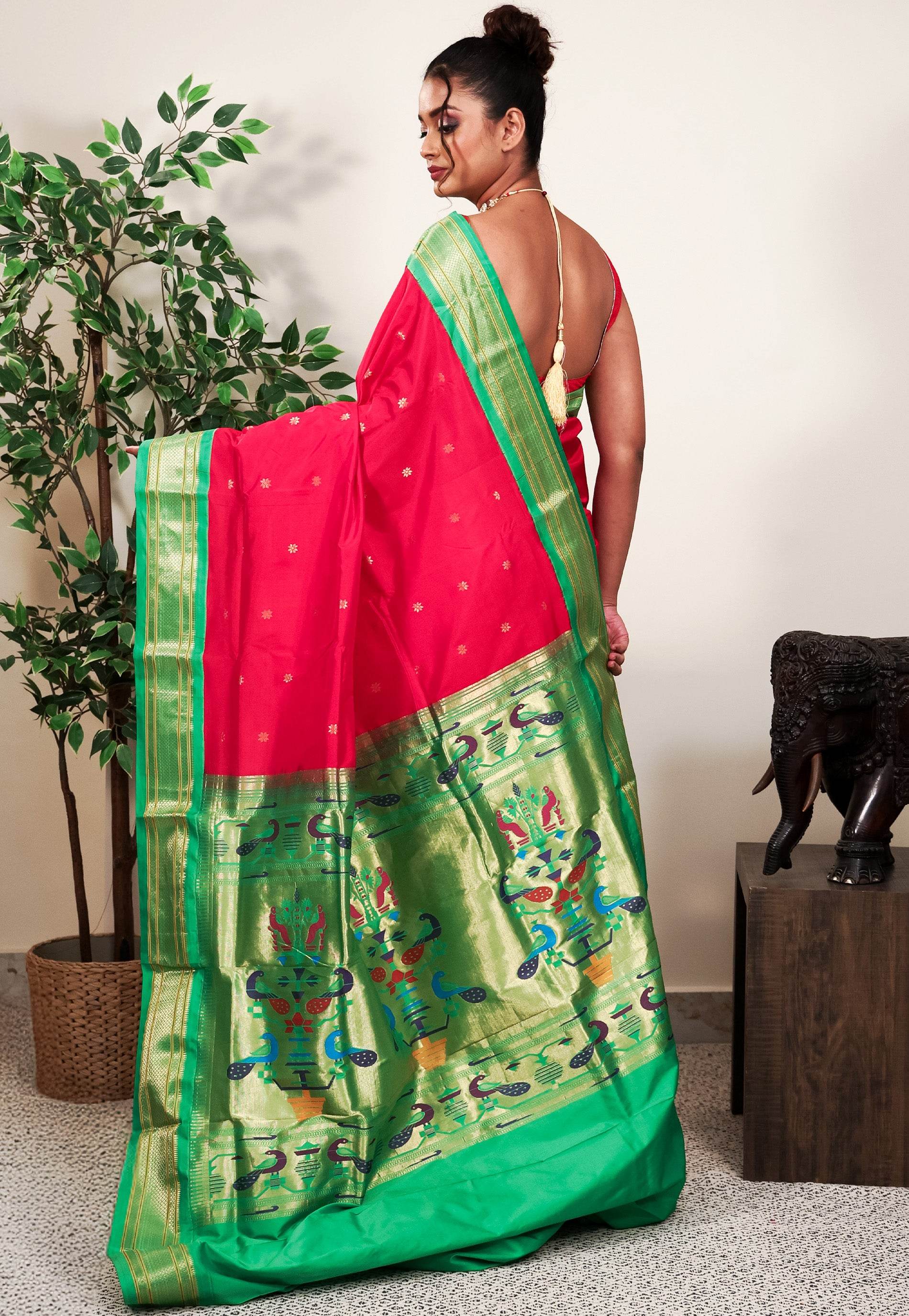 Rani Pink with Parrot Green Border Paithani Pure Silk Saree With Blouse Piece - Adi Akshoy & Co.