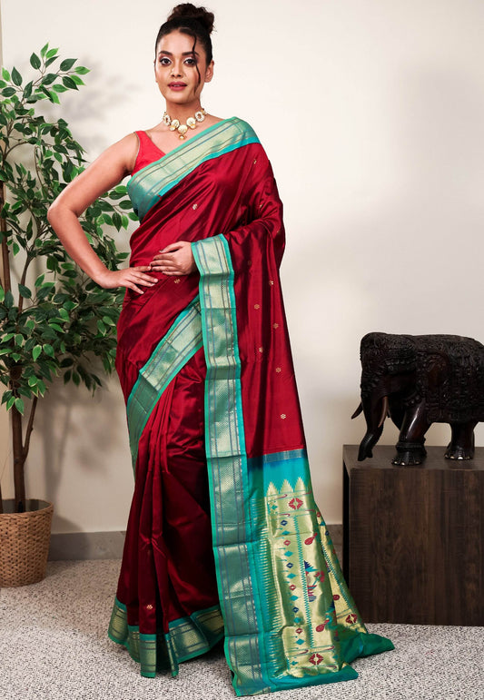 Maroon with Sea Green Border Paithani Pure Silk Saree With Blouse Piece - Adi Akshoy & Co.