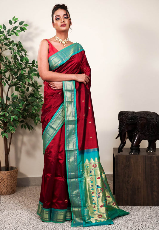 Maroon with Sea Green Border Paithani Pure Silk Saree With Blouse Piece - Adi Akshoy & Co.